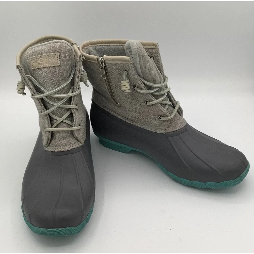 Sperry Women's Waterproof Rubber Boots‎ Gray Textile Upper Teal Sole Size 10